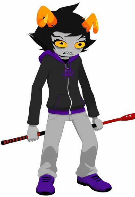 1boy, solo, short hair, black hair, grey skin, yellow sclera, male focus, black hair, colored skin, hood, full body, pants, hoodie, white background, zipped jacket, shoes, grey pants, standing, scared, purple footwear, sharp teeth, troll, purple tears, horns, holding golf club, zipper,
BREAK,
three-quarter view,
BREAK,
minimalist, mspaint,