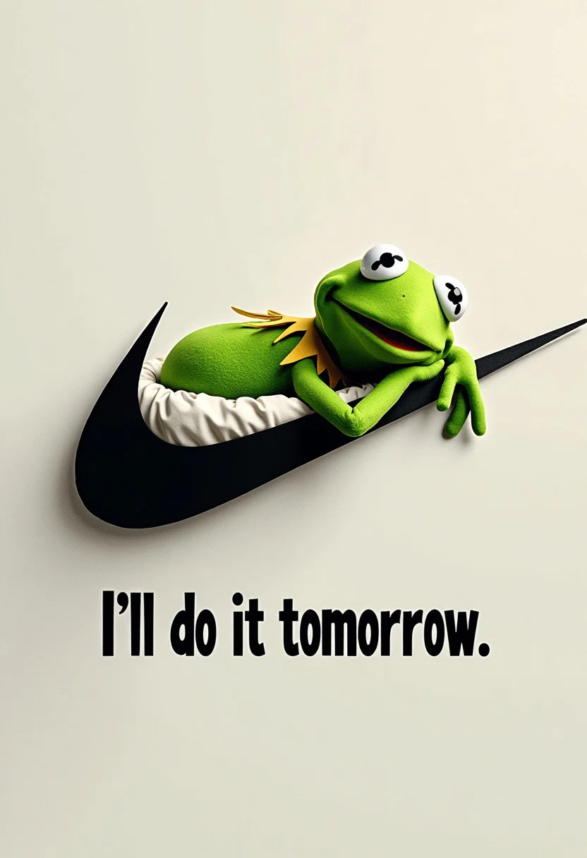 A sleek and minimalist poster design featuring Kermit the Frog, wearing a casual outfit, lounging on the edge of a creatively transformed Nike Swoosh logo. The iconic logo has been reimagined as a cozy pillow, with Kermit resting his head comfortably on it. The logo hole has been transformed into a spacious nest for the beloved frog. The striking contrast of the green frog on a pristine white background emphasizes the simplicity of the scene. The playful text "I'll do it tomorrow" is written beneath the image in a bold, casual font, adding a touch of humor and relatability to the overall design., poster