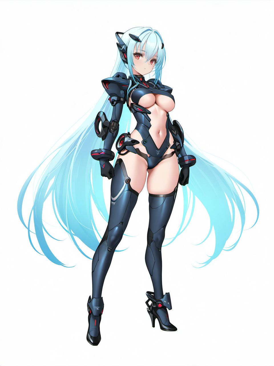 masterpiece, best quality, amazing quality, very aesthetic, high resolution,
ch0c0, 1girl, solo, breasts, long hair, blue hair, red eyes, android, gloves, very long hair, underboob, cleavage, medium breasts, navel, center opening, high heels, white background, simple background, large breasts, full body, standing,
<lora:choco_style_v1_illustrious_epoch_7:0.9>,