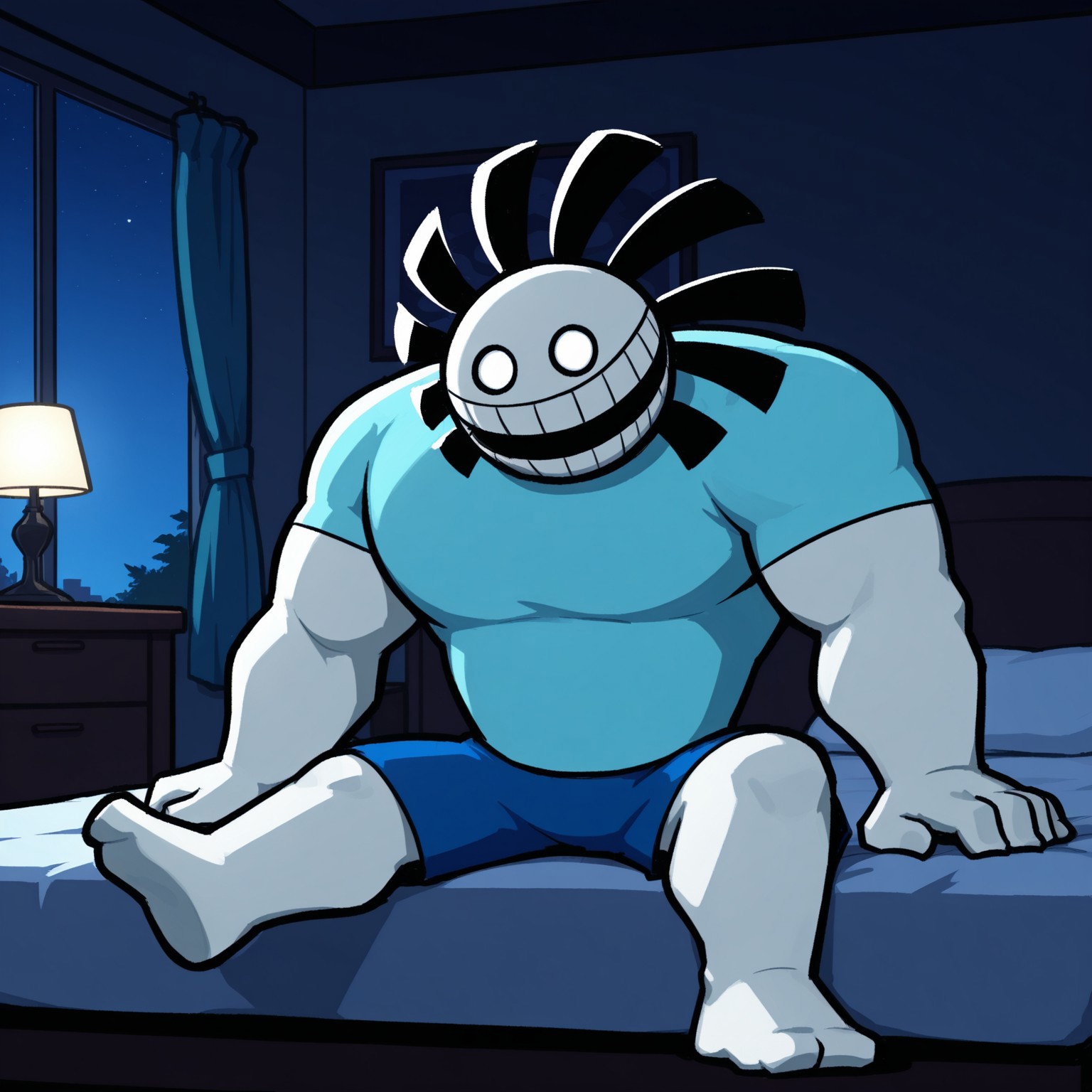 2d, solo, male, Twinsomniaboy, 1boy, broad shoulders, thick arms, white body, white skin, circular eyes, white eyes, no sclera, cyan shirt, blue shorts, barefoot, black hair strands, teeth,

BREAK sitting on bed, open mouth smile, indoors, looking at viewer, bedroom, ((night, lights off, dark enviorment)) 

BREAK best quality, amazing quality, very aesthetic, absurdres, newest, masterpiece, high quality