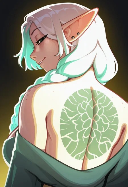 telepurte,
female, cel-shading, backlit, delicate features, very long white hair, ((braids)), upper body, large breasts, pointy elf ears, multiple ear piercings, black background, dynamic pose, (((freckles))), hair oranments, seductive smile, from behind, (((looking over shoulder))), japanese dress, colorvsgrey, green tint, green splash, iridescent hair, iridescent, light shining through hair, backlit, edgelit, yellow, green gradient, low angle of view, seductive smile, back tattoo,