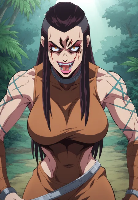 score_9, score_8_up, score_7_up, BREAK, 1girl, wild forest woman with very long messy undercut hair, wild savage clothes, sharp teeths, sharp nails.