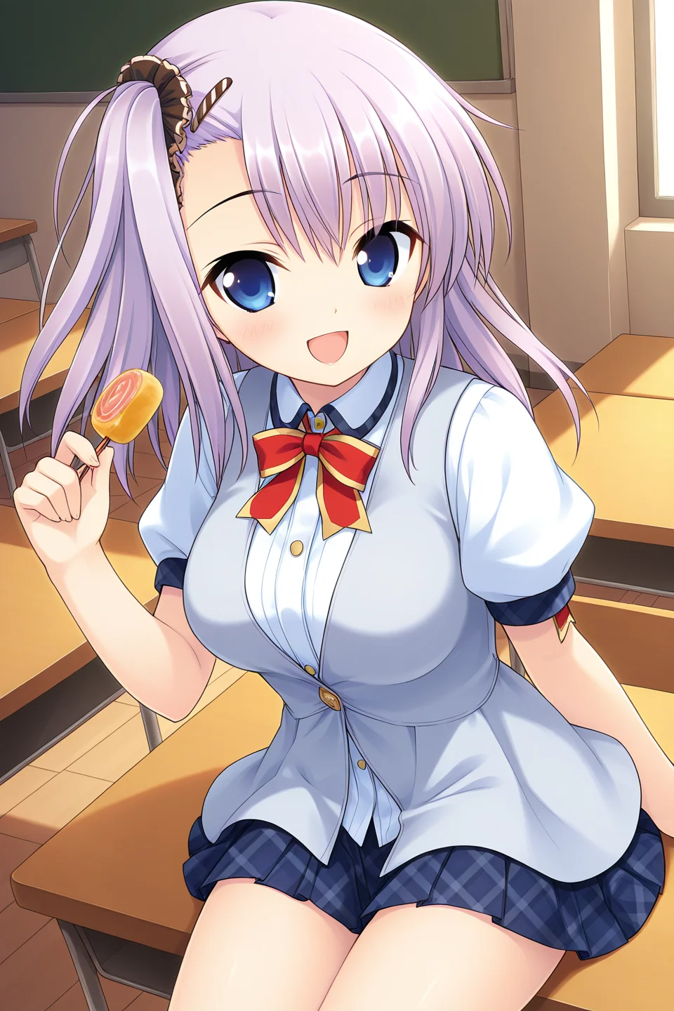 masterpiece, best quality, absurdres, official art, official style, zPDXL2, zPDXLxxx, rating sensitive, sexually suggestive, nsfw, uncensored BREAK <lora:manabekei_IL_v1-1:0.7>, manabe kei, 1girl, solo, blue eyes, purple hair, light purple hair, long hair, one side up, side ponytail, black scrunchie, asymmetrical hair, asymmetrical bangs, hairclip, large breasts BREAK school uniform, grey vest, cardigan vest, buttons, red bowtie, white shirt, dress shirt, puffy short sleeves, back ribbon, grey ribbon, blue skirt, miniskirt, plaid skirt, pleated skirt, tamagoyaki, open mouth, feeding, :d, blush, incoming food, bento, looking at viewer, holding chopsticks, classroom, school desk, school chair, wind lift, floating hair, cowboy shot, sitting