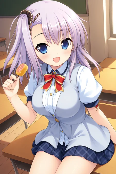 masterpiece, best quality, absurdres, official art, official style, zPDXL2, zPDXLxxx, rating sensitive, sexually suggestive, nsfw, uncensored BREAK <lora:manabekei_IL_v1-1:0.7>, manabe kei, 1girl, solo, blue eyes, purple hair, light purple hair, long hair, one side up, side ponytail, black scrunchie, asymmetrical hair, asymmetrical bangs, hairclip, large breasts BREAK school uniform, grey vest, cardigan vest, buttons, red bowtie, white shirt, dress shirt, puffy short sleeves, back ribbon, grey ribbon, blue skirt, miniskirt, plaid skirt, pleated skirt, tamagoyaki, open mouth, feeding, :d, blush, incoming food, bento, looking at viewer, holding chopsticks, classroom, school desk, school chair, wind lift, floating hair, cowboy shot, sitting