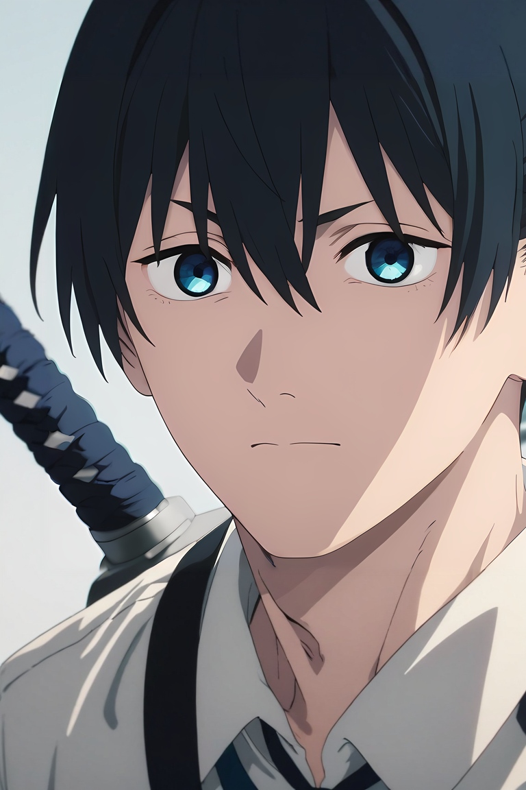 score_9, score_8_up, score_7_up, , rating_safe, , anime screencap, anime coloring, official style, looking at viewer, , 1boy, solo, male focus, <lora:aki_hayakawa_pony:0.84>, aki_hayakawa, black hair, blue eyes, bangs, hair between eyes, short hair, topknot, weapon on back, , , <lora:sdxl_lightning_8step_lora:1>