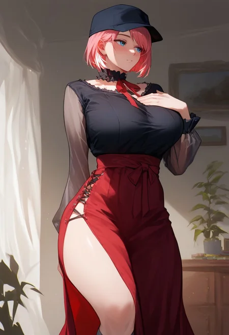(score_9, score_8_up, score_7_up, high quality, best quality, ultra-detailed, very aesthetic, illustration, perfect composition, intricate details, absurdres, high res image, masterpiece, vibrant colors, beautiful face, detailed face, 1girl, solo focus, perfect eyes, detailed eyeshand, perfect hands), female, pink hair, medium hair, bob cut, swept bangs,  blue eyes, pale skin, thick thighs, perfect body, voluptuous, huge breasts, curvy body, narrow-waisted, wide hips, (luiThird, black hatwear, flat cap, black shirt, frilled collar, long sleeves, see-through sleeves, neck ribbon, long skirt, high-waist skirt, red skirt, cross-laced side slit, red sash, grey socks, black footwear, loafers), (blushing, looking away, hand on chest), (indoors, bedroom)
