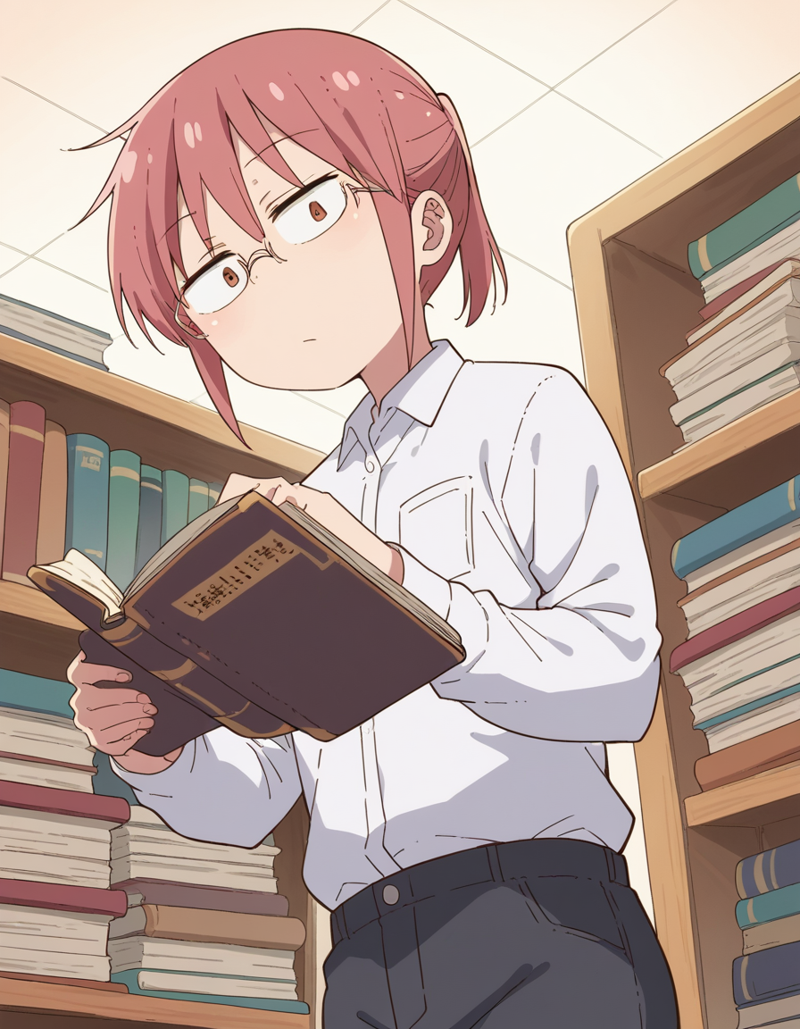 score_9, score_8_up, score_7_up, source_anime, <lora:dragon-kobayashi-s2-ponyxl-lora-nochekaiser:1>, kobayashi, ponytail, pink hair, glasses, short hair, brown eyes,, shirt, long sleeves, white shirt, collared shirt, pants, black pants, office lady,, library, reading books, glasses, quiet, focused, shelves of books, , looking at viewer, from below, solo,, dutch angle,