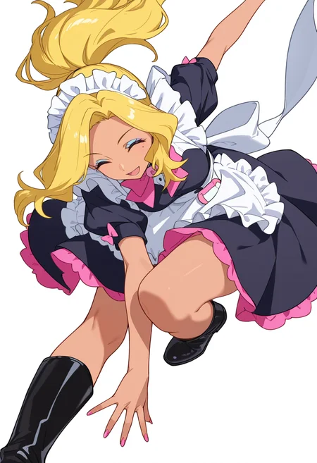Smooth Quality,masterpiece,very intricate, high quality details, ultra realistic, high detailed skin,detailed enviorement,absurdres,
<lora:Gotou_Shino_Shiipon_CNR:0.8> gotou_cnr, blonde hair,long hair, ponytail, brown eyes, dark-skinned female, mole, nail polish, eyeshadow,gotou_maid_cnr,maid, maid headdress, maid apron,black dress, short dress,puffy short sleeves, boots, frills,pink bowtie,, simple background, white background, dynamic angle,solo,
one arm extended forward, opposite leg extended back, parallel to floor ,, ^ ^,