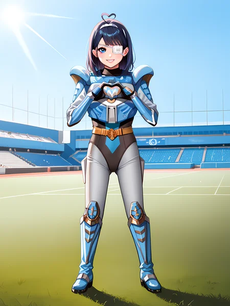 score_9, score_8_up, score_7_up, source_anime, zPDXL3, zPDXLpg, , , best quality, highly detailed, ultra-high resolution, 32K UHD, sharp focus, best-quality, masterpiece, Emotionalization, golden hour, unconventional supreme masterpiece, masterful details, temperate atmosphere, with a high-end texture, in the style of fashion photography, full body, 1girl, solo, cutest, youngest, 22yo, japanese girl, akanashi_rikka, detailed face, bow, ahoge, detailed hair, hair rabbit ribbon, medical_eyepatch, detailed eyes, pink lips, detailed facial features, blush, smile, , sazerpisces, armor, black leotard, silver bodysuit, belt, gauntlets, good_hands, black gloves, heart hands, ass visible through thighs, boots, , , outdoors, playing soccer, action shot, kicking a soccer ball, athletic pose, high energy, vivid colors, stadium background, green grass field, midday sunlight, clear sky, dynamic motion, energetic expression, 4k resolution, high quality, cinematic lighting, RAW photo, best quality, masterpiece, intricate detail, highly detailed<lora:offset_0.2:0.1>,<lora:spo_sdxl_10ep_4k-data_lora_webui:1>,<lora:takanashi_rikka:1>,<lora:Sazer_Pisces_v2:1>,<lora:pony_good_hands:0.9>