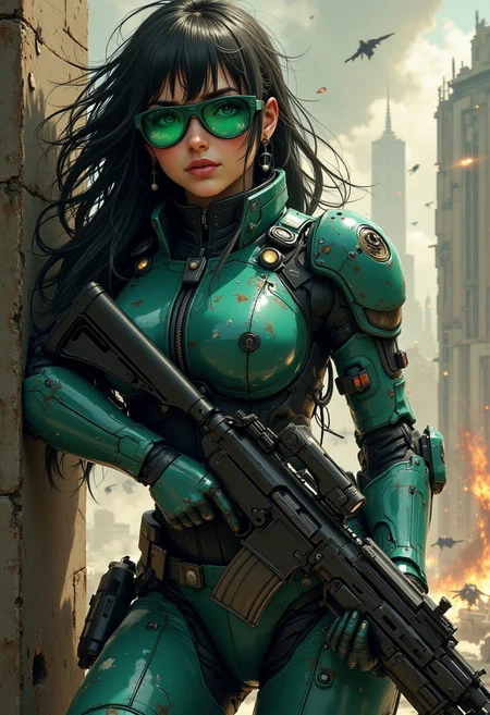 nistyle, a female space pirate. long messy hair, bangs, sidelocks, battered teal power armour, green-tinted sunglasses, holding an assault rifle, sheltering behind a wall during a battle in a ruined, dusty city, perfect hands