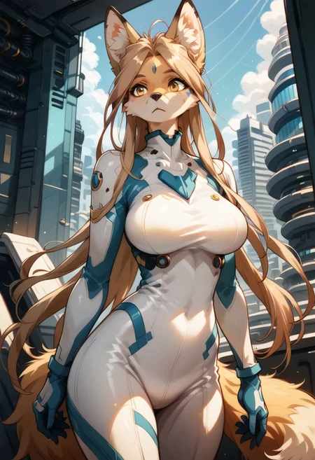 Expressiveh, negative_hand, score_9, score_8_up, score_7_up, belldandy as an (anthro fox),long oval face, short snout, two toned fur, large fox ears, fox tail, animal nose, yellow fur, white facial fur, tan hair, long hair, parted bangs, gold eyes, white triangle forehead gem, large breasts, skintight bodysuit, futuristic bodysuit, standing at attention,