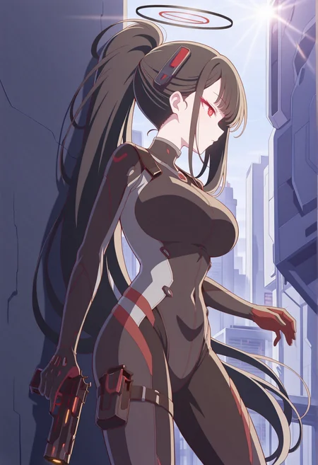 solo, 1girl, halo, very long hair, black hair, blint bangs, ponytail, red eyes, symbol-shaped pupils, hair ornament, bodysuit, cowboy shot, standing, against wall, courner, outdoors, city, sunlight, holding gun <lora:Rio_Bodysuit:1>, masterpiece, best quality, amazing quality, very aesthetic, absurdres, highres, newest