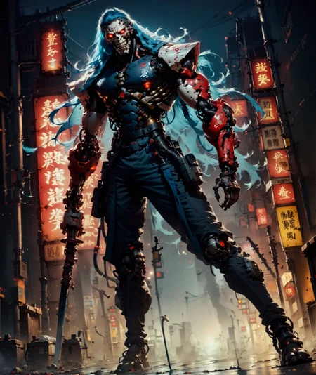 (score_9, score_8_up, score_7_up), (japanese neon lights, cypberpunk, japanese city, thick lineart, sharp edges),
BREAK
dutch angle, full body, solo, 1man, red eyes, long hair, blue hair, grin, japanese armor, mask respirator, male focus, robot, cyborg , android, mechanical arms, cyborg, robot joints, mechanical parts, tube, spine, cybernetic neck, bionic torso, bionic skin,
BREAK
holding katana,
BREAK
grim, dark atmospher, science fiction,
<lora:BioPunky:0.8> <lora:Concept Art Twilight Style SDXL_LoRA_Pony Diffusion V6 XL:0.8> <lora:Bad_Hands_lora:0.8> <lora:add-detail-xl:0.8> <lora:sinfully_stylish_PONY_0.2:0.8>