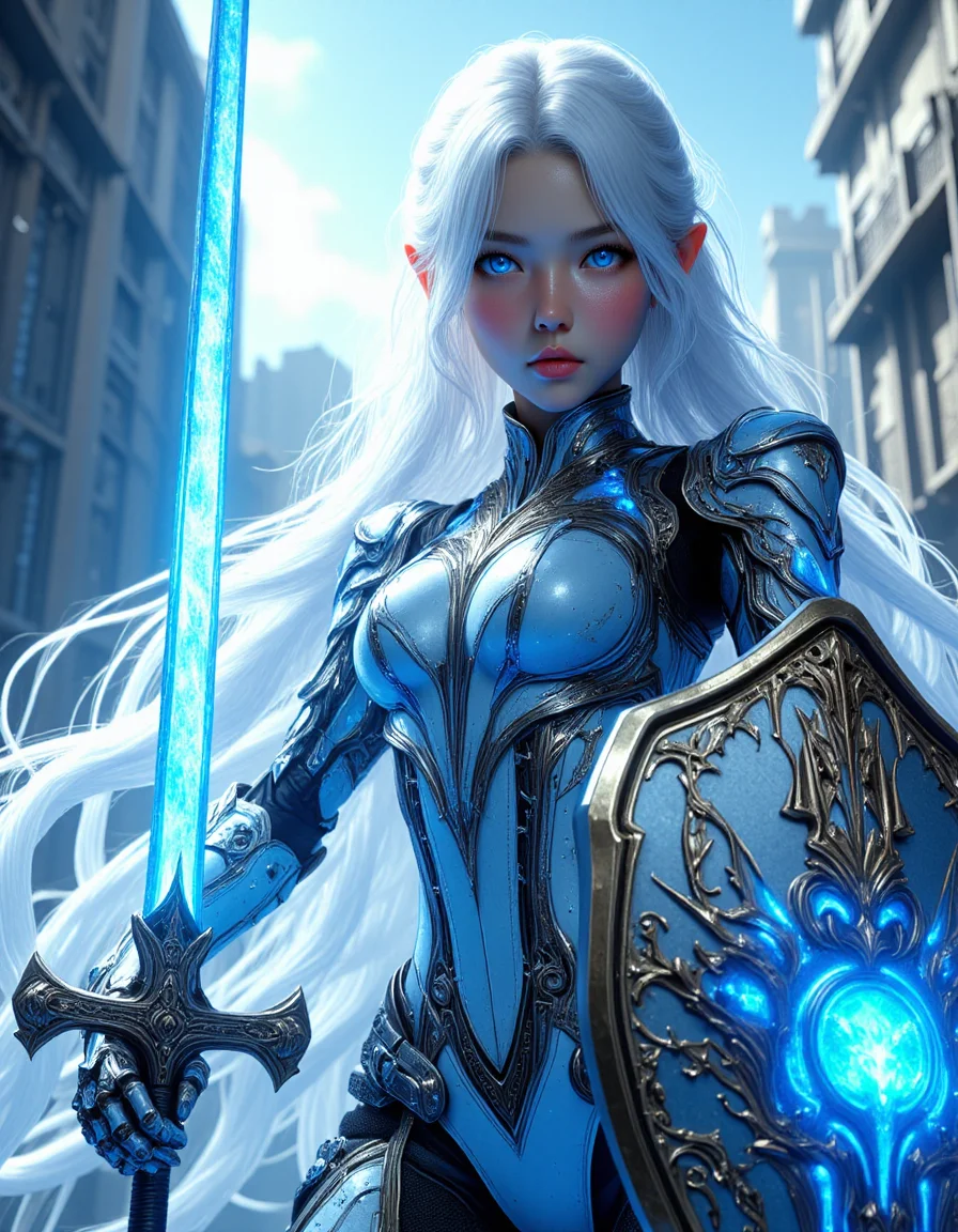 divine korean girl, very long white hair, looking down from a rooftop, futuristic, scifi bodysuit, glossy, delicate frame, angelic appearance, legs, armor, cyborg, deus ex human revolution, perfect body, silver and blue glow, low angle, (holding a blue glowing sword in right hand and a detaild shield in left hand infront of her:1.2) in an attacking pose, hkwarrior, super realistic and detaild, mythp0rt, sword and shield <lora:FluxWeaponSwordShield:1> <lora:FluxFantasyKnightsV1:0.75> <lora:FluxMythP0rtr4itStyle:0.75>