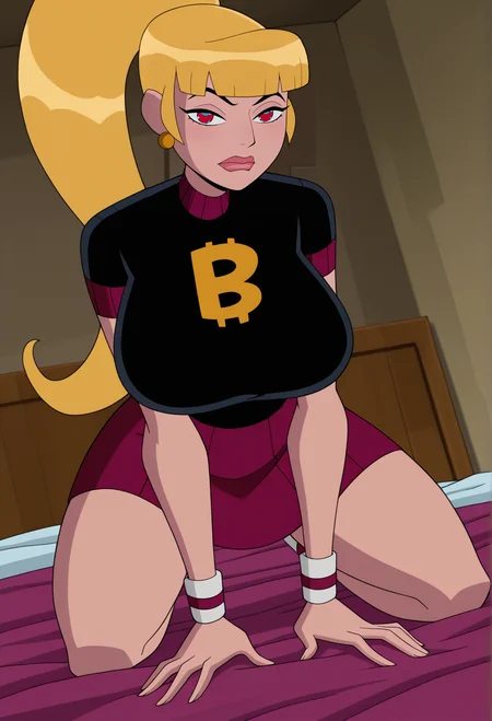 masterpiece, best quality, amazing quality, highres, absurdres, intricate detail, solo, 1girl, mazuma_(ben_10), red eyes, blue eyes, blonde, blunt bangs, ponytail, lipstick, black shirt, skirt, curvy, huge breasts, bedroom, indoors, bed, looking at viewer, laying down, kneeling, bed sheets, (high angle:0.3),