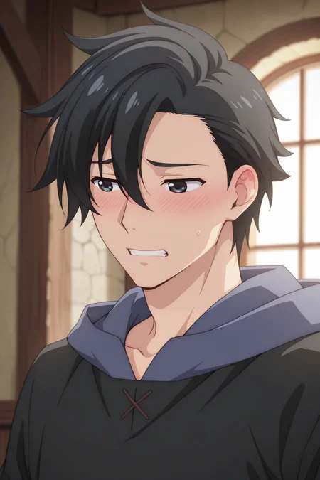 masterpiece, best quality, amazing quality,high resolution, intricate details,official style,depth of field,anime screencap, , , 1boy, solo, male focus, <lora:kelvin_celsius:0.81>,kelvin celsius,black hair,black eyes,side swept,short hair,looking at you,medieval shirts,medieval tunic,hood,shy,blush,indoors,teeth,portrait,from side
