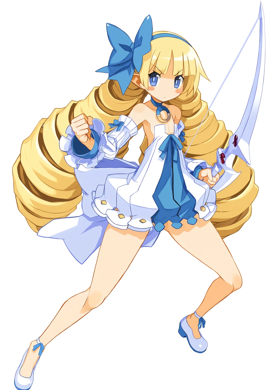 highres,absurdres,masterpiece,best quality,newest,<lora:Disgaea XL vpred Noob1:1>,archer \(disgaea\),bare shoulders,belt,blonde hair,blue eyes,hime cut,drill hair,(flat chest:1.1),full body,very long hair,blue dress,holding bow,white background,v-shaped eyebrows,fighting stance,collarbone,bare legs,no pants,clenched hands,blue boots,blush stickers,looking at viewer,detached sleeves,