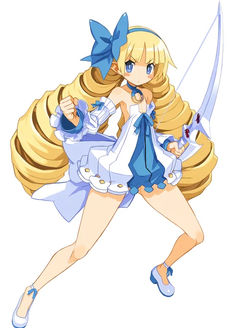 highres,absurdres,masterpiece,best quality,newest,<lora:Disgaea XL vpred Noob1:1>,archer \(disgaea\),bare shoulders,belt,blonde hair,blue eyes,hime cut,drill hair,(flat chest:1.1),full body,very long hair,blue dress,holding bow,white background,v-shaped eyebrows,fighting stance,collarbone,bare legs,no pants,clenched hands,blue boots,blush stickers,looking at viewer,detached sleeves,