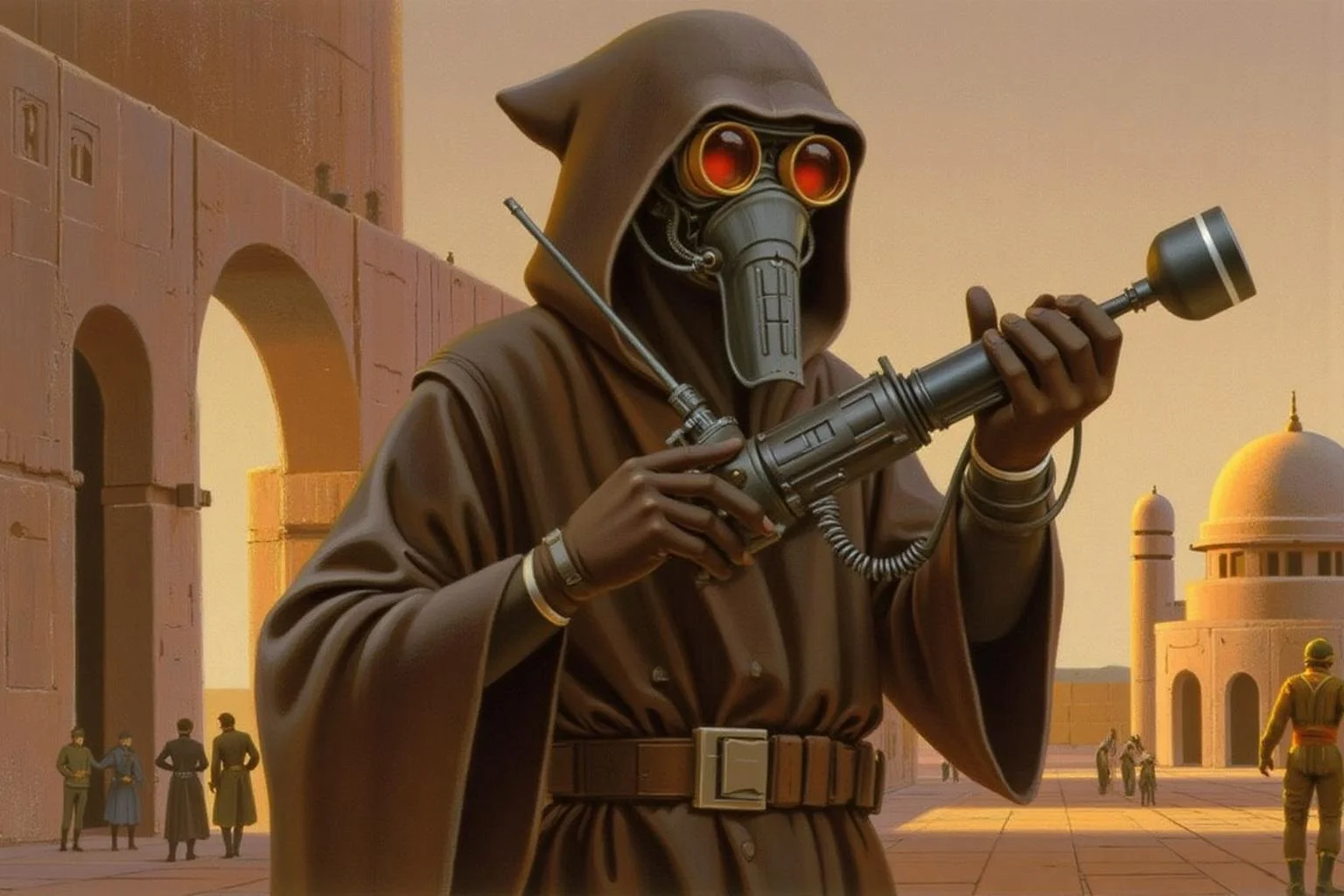 ralphmcq1 painting.
A scene from the Star Wars universe, specifically set in the Tatooine desert cityscape. The main subject is a character in a hooded robe, with a distinctive mask that covers the face and goggles. The figure is holding a communication device with an antenna.
<lora:ralphmcq_cap_d6a3:1.0><lora:830322585687333676:0>