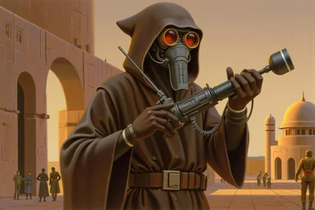 ralphmcq1 painting.
A scene from the Star Wars universe, specifically set in the Tatooine desert cityscape. The main subject is a character in a hooded robe, with a distinctive mask that covers the face and goggles. The figure is holding a communication device with an antenna.
<lora:ralphmcq_cap_d6a3:1.0><lora:830322585687333676:0>