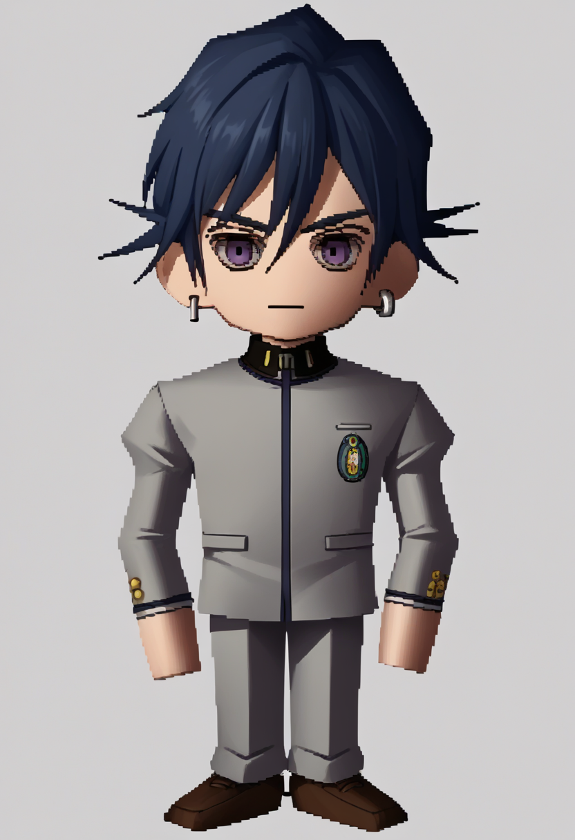 score_9, score_8_up, score_7_up, source_anime BREAK 1boy, solo,
 <lora:zs_FFVIIChibisXL_1> ffviichibis, chibi, standing, full body, white background
 <lora:-pdxl_Fp:1> naoyap1, dark blue hair, bangs, school uniform, purple eyes, grey pants, single earring, emblem