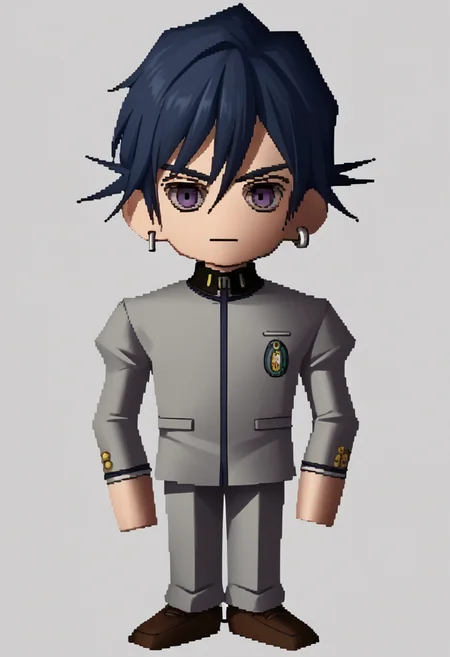 score_9, score_8_up, score_7_up, source_anime BREAK 1boy, solo,
 <lora:zs_FFVIIChibisXL_1> ffviichibis, chibi, standing, full body, white background
 <lora:-pdxl_Fp:1> naoyap1, dark blue hair, bangs, school uniform, purple eyes, grey pants, single earring, emblem