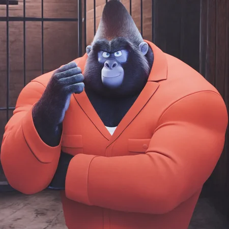 Big daddy, bara, mature male, older male, gorilla, broad shoulders, large build, muscular male, (pose:1.3), (posing:1.3), (soft shading), 4k, hi res, five fingers, detailed hands, ((detailed face, (detailed eyes:1.0), detailed)), (full body), <lora:big_daddy-08:1>, big daddy(sing), bara, mature male, gorilla, smile, (pose:1.3), (posing:1.3), (soft shading), 4k, hi res, five fingers, detailed hands, ((detailed face, (detailed eyes:1.0), detailed)), (full body), by zackarry911, by zaush, (by personalami:0.5), prison clothes, prison cell, against wall, crossed arms, big daddy, gorilla, furry male, male, colored skin, fangs, blue eyes, anthro, muscular, wide shoulders,
