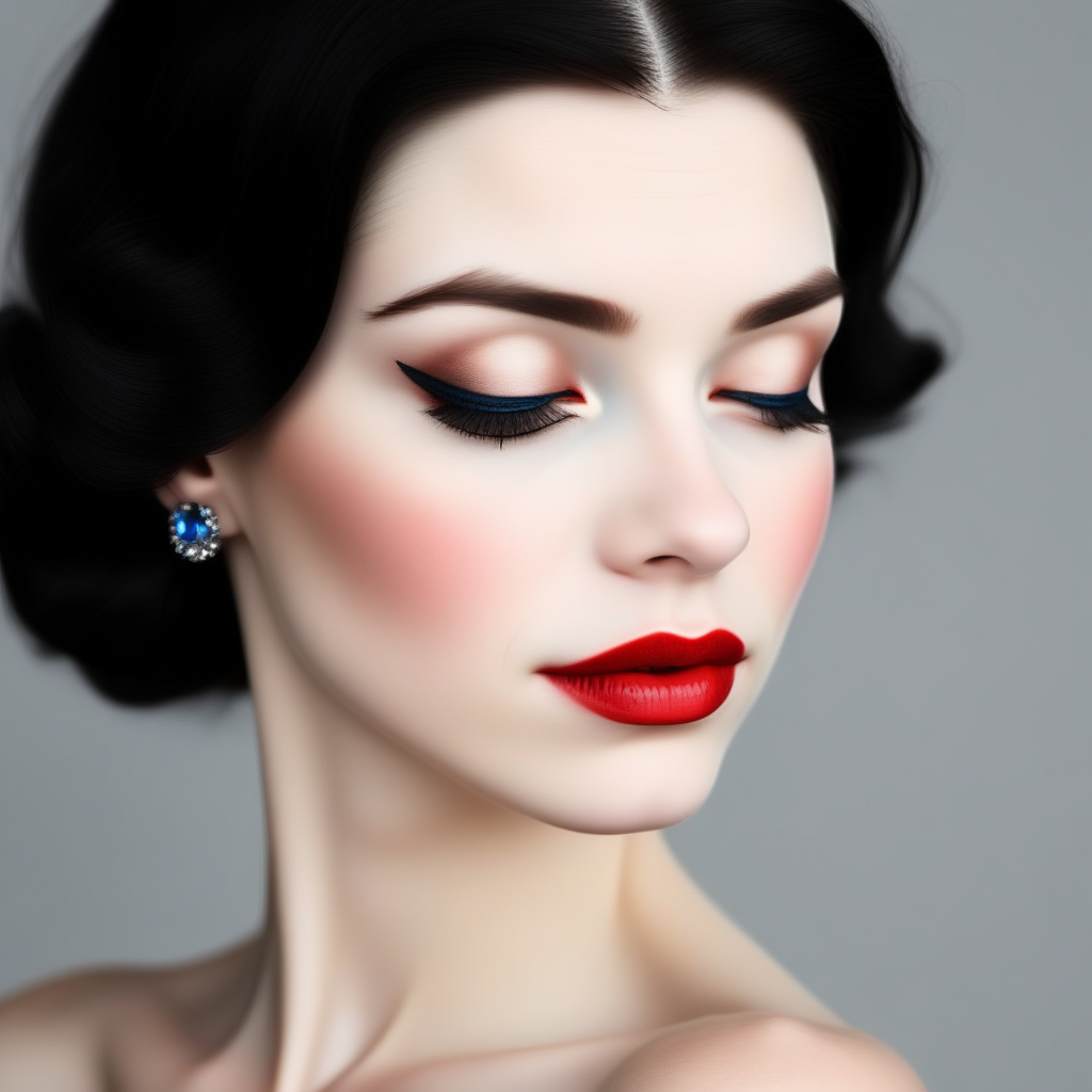 nose, eyelashes, jewelry, blue eyes, solo, closed eyes, red lips, simple background, black hair