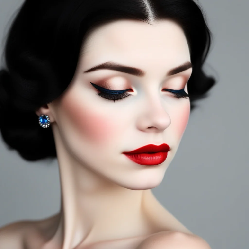 nose, eyelashes, jewelry, blue eyes, solo, closed eyes, red lips, simple background, black hair
