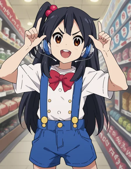 score_9, score_8_up, score_7_up, source_anime, <lora:anko-kitashirakawa-s1-ponyxl-lora-nochekaiser:1>, anko kitashirakawa, long hair, black hair, hair ornament, brown eyes, one side up, hair bobbles,, suspenders, shirt, white shirt, bowtie, red bowtie, buttons, shorts, blue shorts,, music store, browsing records, headphones, vinyl collection, nostalgic, smile, <lora:horns-pose-ponyxl-lora-nochekaiser:1>, horns pose, index fingers raised, angry, steam, open mouth, shouting, anger vein,, looking at viewer, solo,, dutch angle, cowboy shot