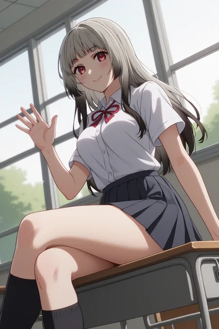 sscore_9, score_8_up, score_7_up, source_anime, 1girl, prefect lighting, very aesthetic, intricate details, highly detailed background, masterpiece, high quality, prefect hands, best quality, solo,
<lora:Mei_Adashino_Oshi_No_Ko_V2:.85>, KJOmei, grey hair, red eyes, sidelocks, long hair, black colored tips, blunt bangs,
school uniform, blue pleated skirt, kneehighs, short sleeves, sitting, sitting on desk,
crossed legs, waving, seductive smile, from below, blush,
School, classroom, window, sunny,
(Beautiful, medium Breasts:1.2), natural breasts,
