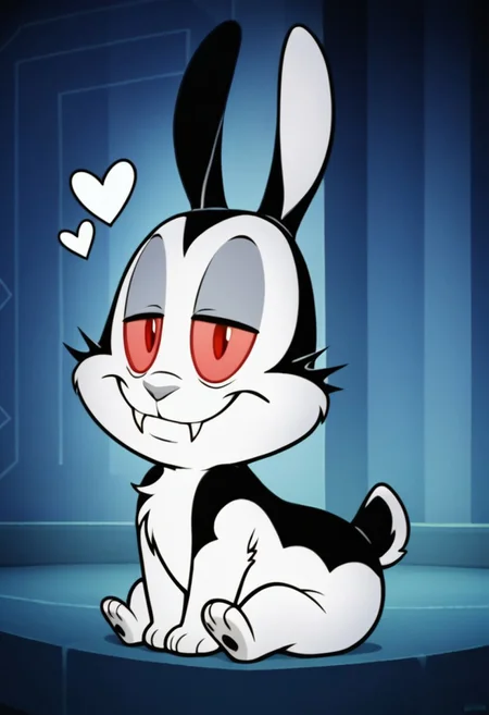 score_9, score_8_up, score_7_up, tail, solo, male, solo male, bunny, rabbit, bunnicula, pink sclera, red eyes, colored sclera, black and white fur, cheek tuft, grey nose, scut tail, fangs, shortstack, chest tuft, chibi, fur markings, chest tuft, cute, looking at viewer, sitting, barefoot, featureless chest, head tilt, curious, shy smile, masterpiece, extreme detail, 4k, realistic, shading, psychedelic background, pattern background, full-length portrait, Perfect Hands, 5 fingers, perfect paws, perfect lighting, zPDXL3, Expressiveh, light and shadows by reij-shdwgms, vampire, spooky, heart