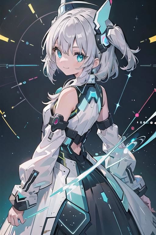 (masterpiece), (science fiction:1.4), 1girl, her back turned, smile, silver hair, aqua eyes, headgear, long sleeves, detached sleeves, glowing energy clothing, light particles