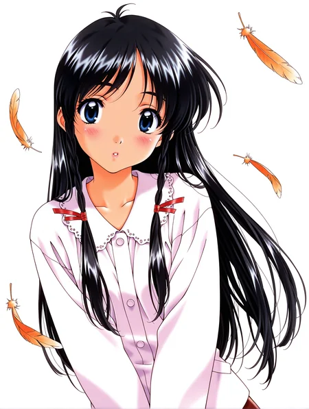 masterpiece,best quality,amazing quality,
1girl,solo,
retro artstyle,<lora:sugihara_manami_ilxl_v1.0:1>,s_manami,long hair,hair ribbon,twin braids,brown eyes,
<lora:Fixhands_anime_bdsqlsz_V1:1>,white_background,simple_background,
braid,feathers,blue eyes,long sleeves,retro artstyle,twin braids,upper body,blush,ribbon,looking at viewer,parted lips,bird's feather,looking_at_viewer,front view,upper_body,