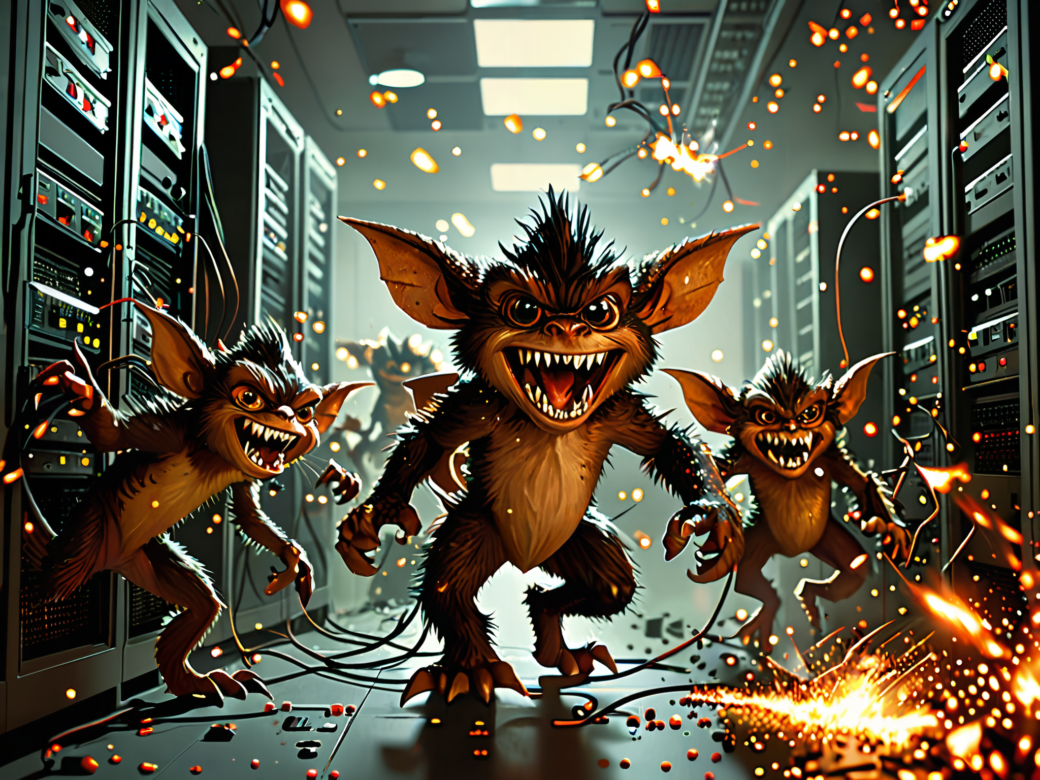 an army of gremlins attacking a computer server room, lauging, sharp teeth, jumping, climbing. sparks flying, electrical fire, large subtitle that Cleary says:  "all is fine" <lora:MJ52:0.6> <lora:extremely_detailed:1>