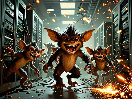 an army of gremlins attacking a computer server room, lauging, sharp teeth, jumping, climbing. sparks flying, electrical fire, large subtitle that Cleary says:  "all is fine" <lora:MJ52:0.6> <lora:extremely_detailed:1>