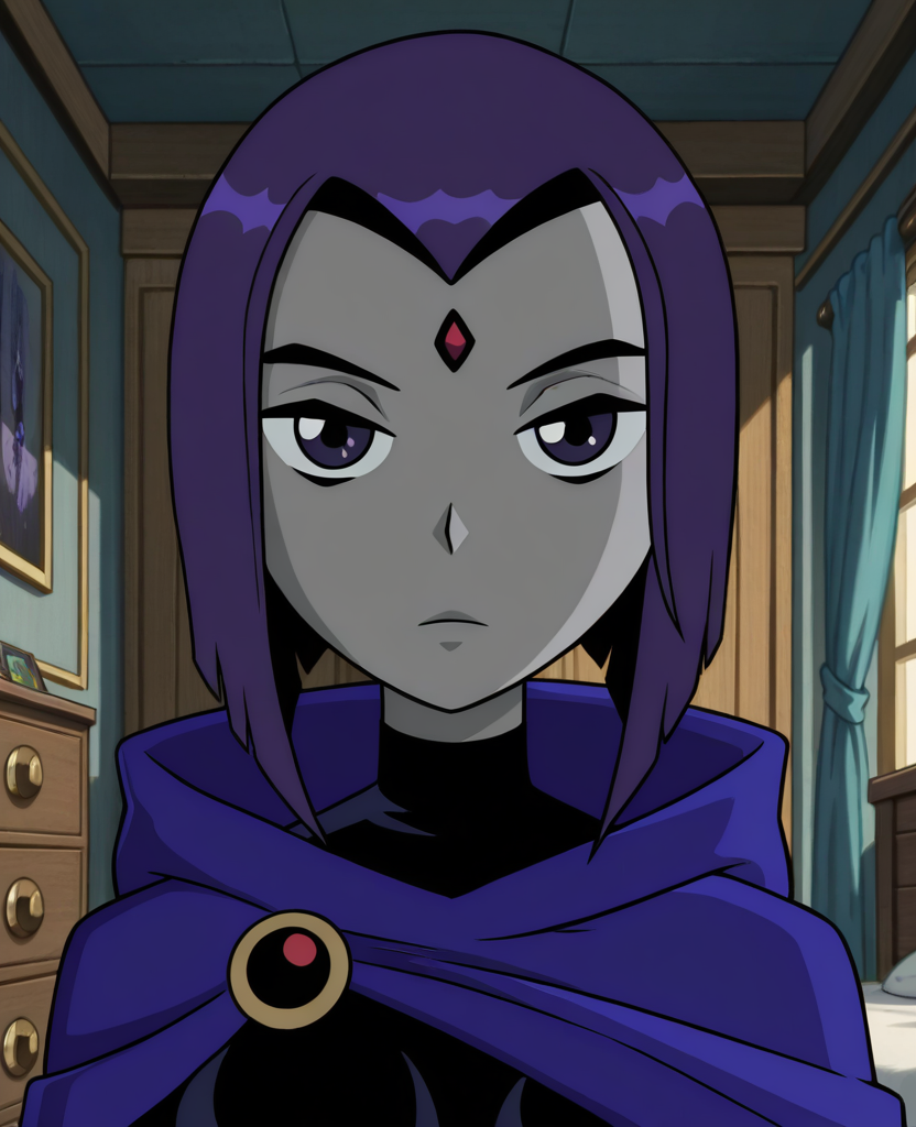 masterpiece, best quality, amazing quality, highres, absurdres, intricate detail, anime screenshot, indoors, bedroom, <lora:Raven_TT_ILLUS_2:0.8>  , rav1, 1girl, solo, grey skin, purple eyes, purple hair, forehead jewel, short hair, cape, hood, leotard,  expressionless, looking at viewer, portrait,
