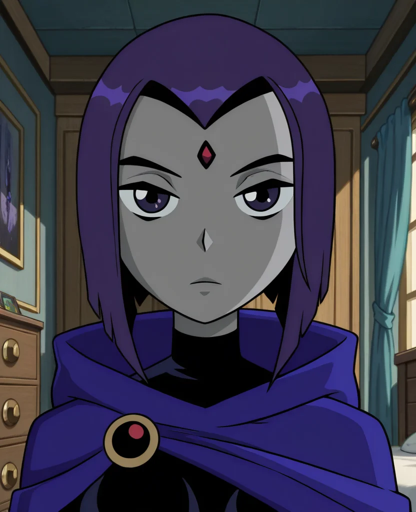 masterpiece, best quality, amazing quality, highres, absurdres, intricate detail, anime screenshot, indoors, bedroom, <lora:Raven_TT_ILLUS_2:0.8> , rav1, 1girl, solo, grey skin, purple eyes, purple hair, forehead jewel, short hair, cape, hood, leotard, expressionless, looking at viewer, portrait,