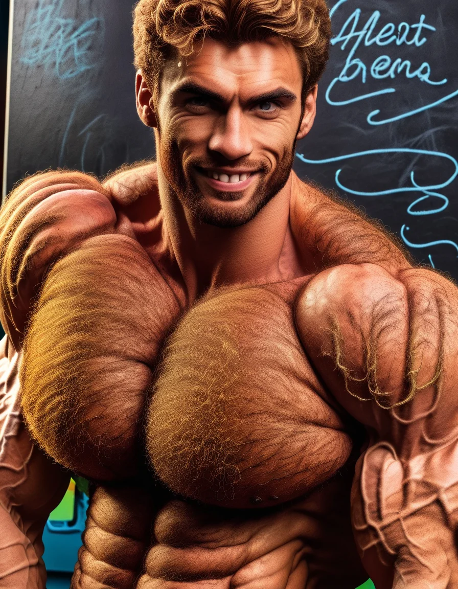 (@hrypctls1, hairy chest:1.3) (@tomld1, @tomldface1:1.2) (male teacher, 1boy, brilliant grey eyes), tall, 20 years old, male focus, bodybuilder, small waist, skinny, shredded, large eyes, thick eyebrows, beard, smiling, strong cheekbones, strong jaw, male, golden necklace, confident stance, standing, torso
graffiti chalkboard background, desk, indoor lighting, high-resolution image, vibrant colors, photography, focused, masterpiece
<lora:@hrypctls1.v1.concept.sdxl_epoch_3:0.9><lora:TomLeDuc.Concept.SDXL_epoch_3:0.6>