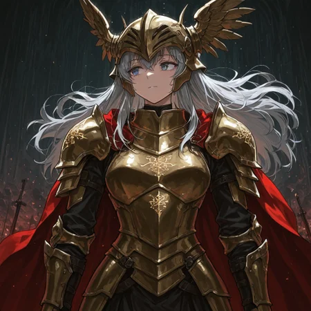 (masterpiece), (best quality), (ultra-detailed), amazing quality, very aesthetic, illustration, newest, upper body, colorful, vibrant, looking to the side, (oil painting:1.1), cinematic lighting, <lora:Avarice:1>, edgeofavarice, avarice, glowing silver runes, dark fantasy,
1girl, solo, cape, angelic_emblem_on_cape long sleeves, faulds, horned helmet, full_helmet, silver and gold armor, smooth armor, smooth gauntlets, winged helmet, full_armor, full_plate_armor, winged_helmet, gold_armor, winged_shoulders, clawed_gauntlets, holy_emblem, segmented_faulds, tattered_cape, aura_of_hope, inspiring_presence, holy_glow, massive_blade, battlefield_setting, heavy_armor, silver hair