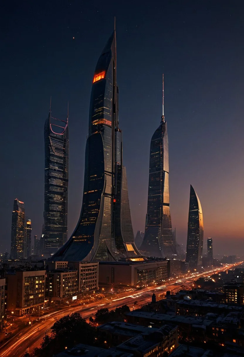 ultra HD, high quality, 4K, score_9, score_8_up, score_7_up, (masterpiece), (best quality), (ultra-detailed), realistic, masterpiece oil painting, landscape of Colossal Futuristic Buildings, Incredibly huge futuristic buildings that can be seen from almost anywhere in the city, a large skyline, (at Night), Moebius art style