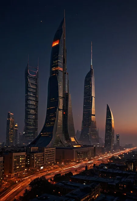 ultra HD, high quality, 4K, score_9, score_8_up, score_7_up, (masterpiece), (best quality), (ultra-detailed), realistic, masterpiece oil painting, landscape of Colossal Futuristic Buildings, Incredibly huge futuristic buildings that can be seen from almost anywhere in the city, a large skyline, (at Night), Moebius art style