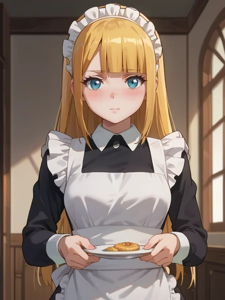 score_9, score_8_up, score_7_up, score_6_up, score_5_up, score_4_up, source_anime,,cinematic shadow, character focus, detailed skins, perfect curvy medium breasts,(cowboy shot:1.4),body blush,<lora:StS_PonyXL_Detail_Slider_v1.4_iteration_3:4>, <lora:Tuareninya_Veyron__Overlord_:1>,tuareninya,long blonde hair,straight hair,bangs,blunt bangs,blue eyes,tuareninyamaid,maid,maid headdress,frilled white maid apron,frills,black long sleeves dresss,standing, expressionless, sey pose