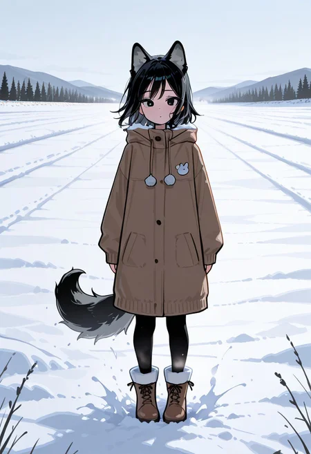 masterpiece,best quality,amazing quality, 1 woman 25yo, in a snow field, black hair, wolf ears, wolf tail (flat cute color 0.9), thick clothes
