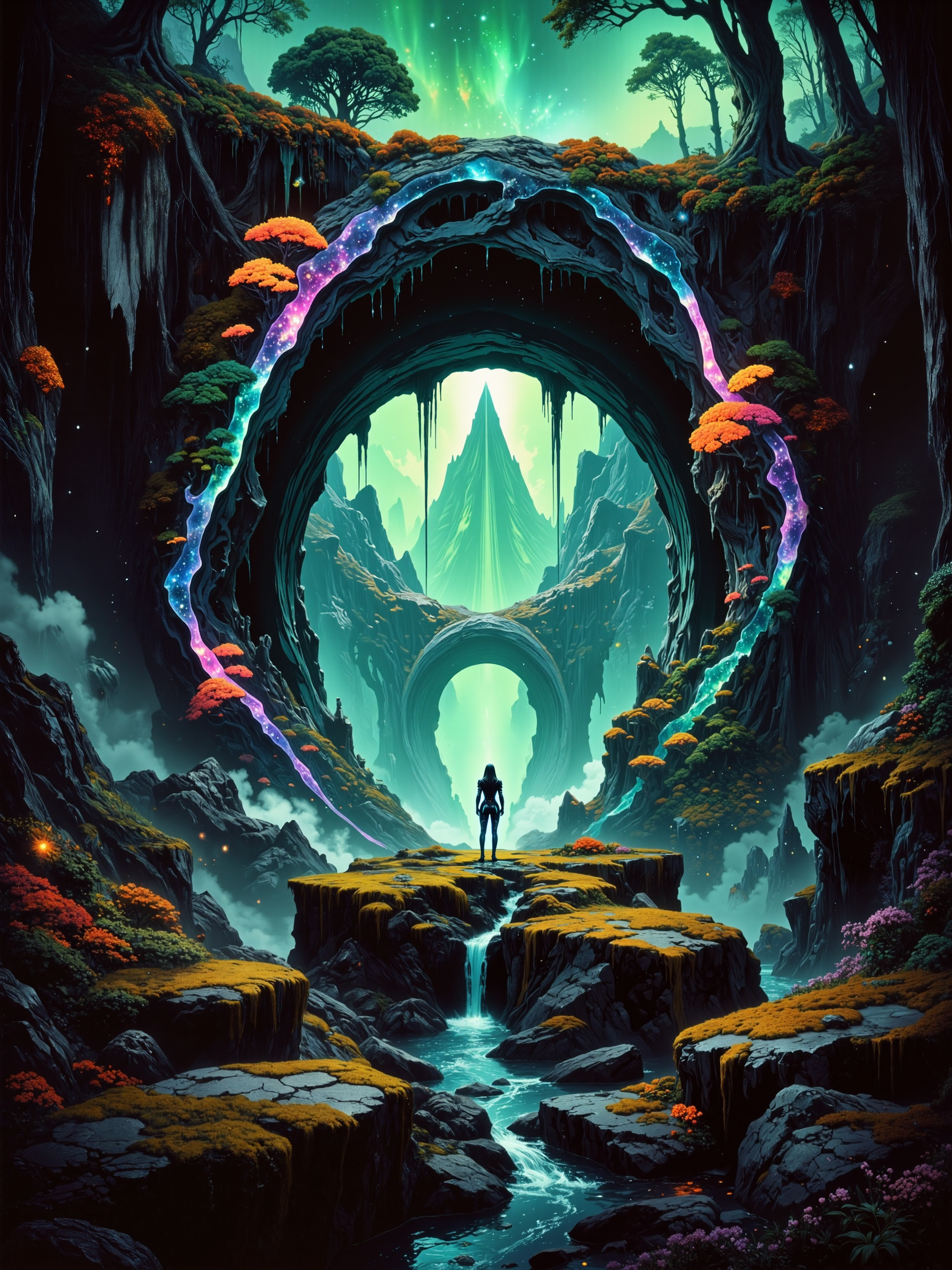 famous artwork inspired by gustave dore and jules breton and jeff laubenstein, science fiction, highly detailed, hyper-realistic, ultra-high-resolution, movie poster style, extraterrestrial jungle landscape under a galactic nebula at night, dark corners, dim lighting, very aesthetic and atmospheric, highly detailed environment, strange and otherworldly, masterful use of light and shadow, grand composition, epic, fractal patterns in the plants and arch, the central focus is an immense, overgrown rock arch covered in lush jungle vegetation and glowing mineral veins in the middle ground, its sheer size and intricate details commanding attention, the arch is draped in jungle trees and exotic flora, gnarled roots and ancient vines cascading over its edges, delicate moss and bioluminescent flowers clinging to its surface, shimmering softly in the moonlight, veins of glimmering minerals run through the archâs rugged stone sides, where it isn't fully covered in plants, the veins are refracting the dim light into color gradient hues, as if the rock itself is infused with cosmic energy, creating an enchanting interplay of light and texture, the archâs curvature frames the sky beyond, its towering silhouette adding a dramatic focal point to the composition, a female galactic explorer in a form-fitting dark bodysuit wearing a large futuristic jetpack stands on a moss-covered rock ledge, gazing in wonder at the scenery, the foreground is rich with wondrous extraterrestrial flora, various patches of tiny colorful herbs, a few bushes carrying berries and moss, a tranquil river winds through the valley, reflecting the night sky and arch, scattered fireflies drift lazily through the air, distant mountains fade into a soft atmospheric haze, their silhouettes blending seamlessly into the dreamlike expanse, the composition is perfectly balanced, the lone woman adding a human element to the vast, surreal landscape, the use of light is masterful, with deep contrasts between the nebula sky and shadowy rock formations, the entire scene exudes a sense of tranquil wonder and cosmic mystery, a dreamlike untouched primordial world, the image is rendered in ultra-detailed cinematic realism, inspired by fantasy and science fiction art, blending elements of classical landscape painting with futuristic elements, richly textured materials, volumetric lighting, a sense of endless exploration and infinite possibility, light beige and sea green and sunset orange and imperial purple and scarlet and navy blue, ovg, arsmoviestill, dndgr41nyb0yz style, <lora:image_enhancer-flux-by_dever:0.8> <lora:style-80s_fantasy_movie-v3-flux-by_arsmachina:0.92> <lora:style-dnd_grainyboyz-romulus-flux-by_kimwithdapuss:0.48>