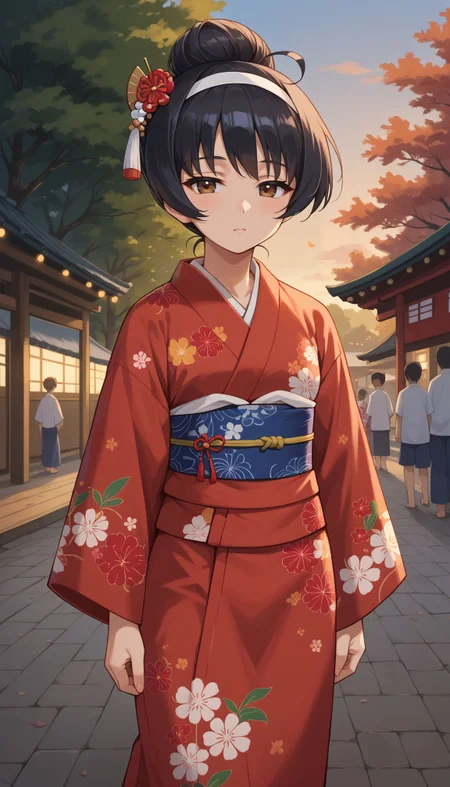 score_9, score_8_up, score_7_up, score_6_up, , solo, 20yo woman, (Beuty:1.1) , (cute:1.3), half-closed eyes, outdoor, firework, japan festival,
<lora:Mako Reize:1>, Reize Mako, 1girl, japanese clothes, hair up, alternate hairstyle, black hair, yukata, reizei mako, sash, hair ornament, obi, red kimono, brown eyes, white hairband, ahoge, floral print, standing, single hair bun, long hair