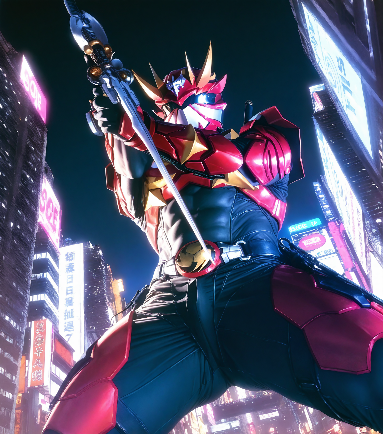 realistic shading,looking at viewer,<lora:Hibiki:0.7>,1boy,armor,helmet,male focus,solo,Hibiki,manly,dynamic angle,realistic,manly,masterpiece,best quality,imposing,dynamic angle,intricately detailed illustration,masterpiece,best quality,amazing quality,very aesthetic,absurdres,newest,full body,city,night,outdoors,, score _9,score_8_up, score_7_up,source_anime,rating_explicit,