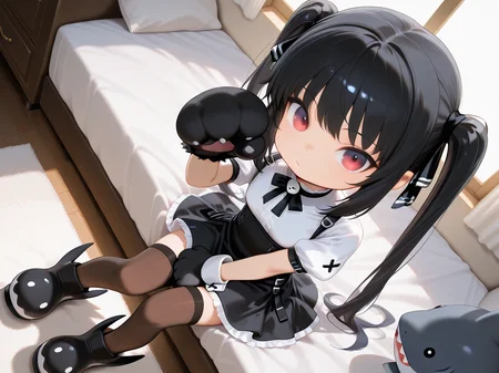 <lora:IL_kooh:1>,1girl,solo,pgy_ko,kooh/(pangya/),goth fashion,brown thighhighs,fluffy cat gloves,shark shoes,dutch angle,looking at viewer,luxurious room,sit,head rest,from above,buckles,white wrist cuffs,white high neck blouse,bowtie,bow back,, masterpiece,best quality,amazing quality,very aesthetic,absurdres,