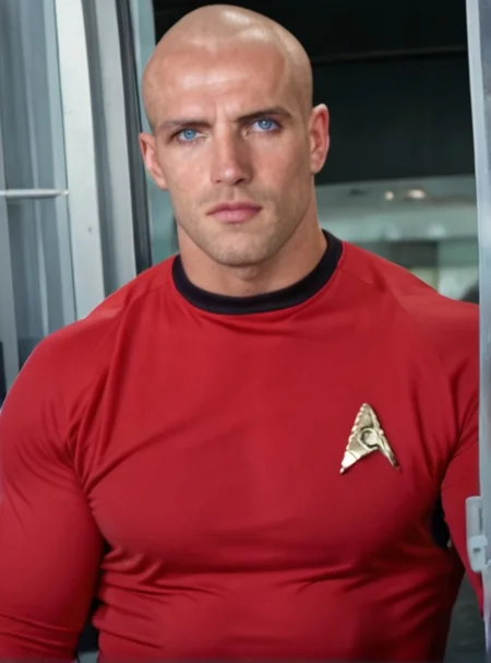 1boy, 20 year old male, Handsome, masculine, blonde, star trek, red shirt, muscle, tall, tight shirt, wide pectorals, big shoulders, wide shoulders, muscular neck, German, bald, big pale blue eyes, skin tight shirt,
stunf, star trek uniform,