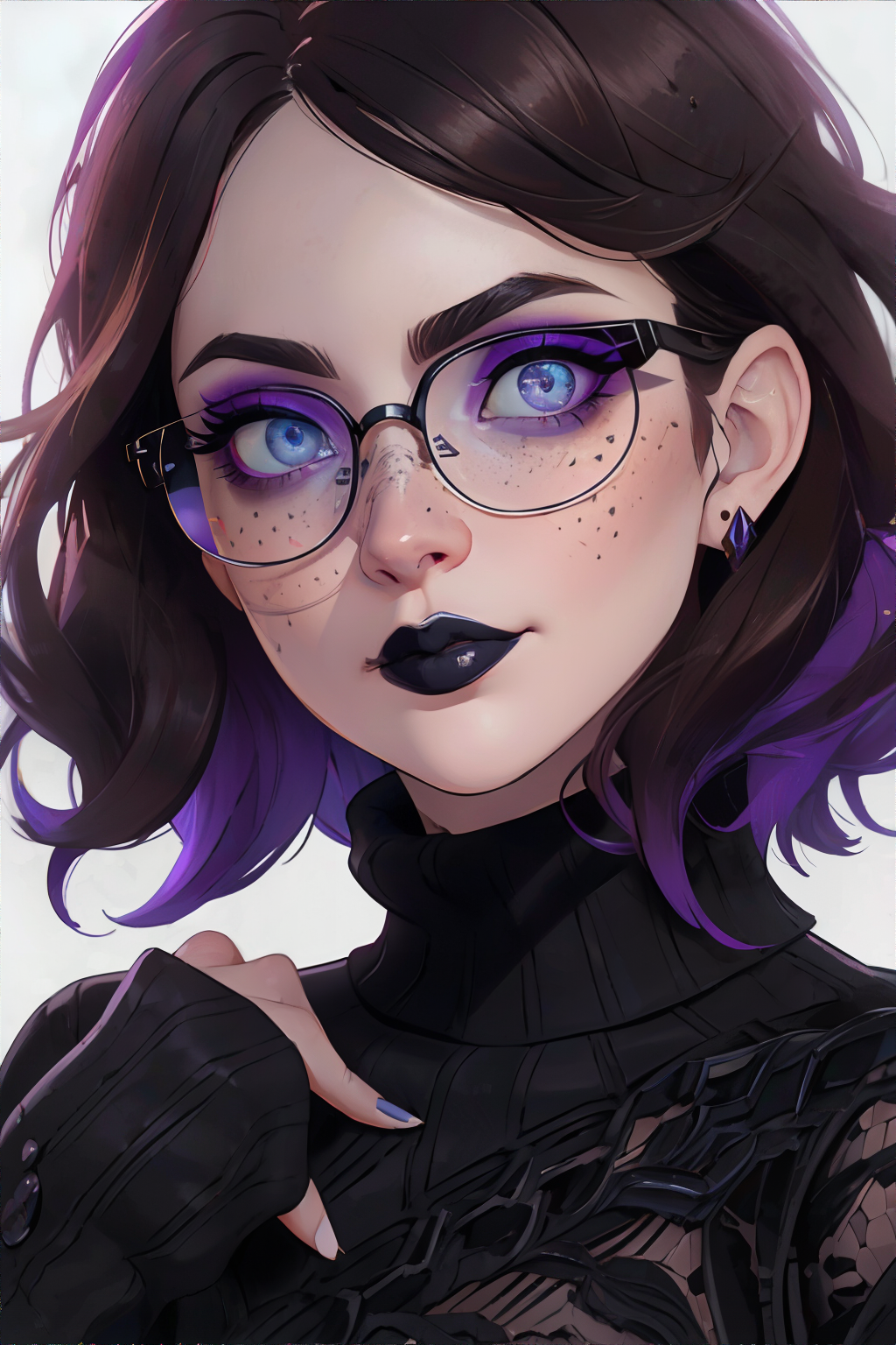 <lora:90sgrungemakeup-freckledvixon:0.65>, 90sgrung3, purple makeup, black lips, black sweater, <lora:bzl:0.8>, bzl_test, short wavy brown hair, (blue|grey) eyes, glasses, closed smile, (freckles:0.4) || person, hair, skin, clothing, makeup, masterpiece, 8k, high resolution, shallow depth of field, sharp focus